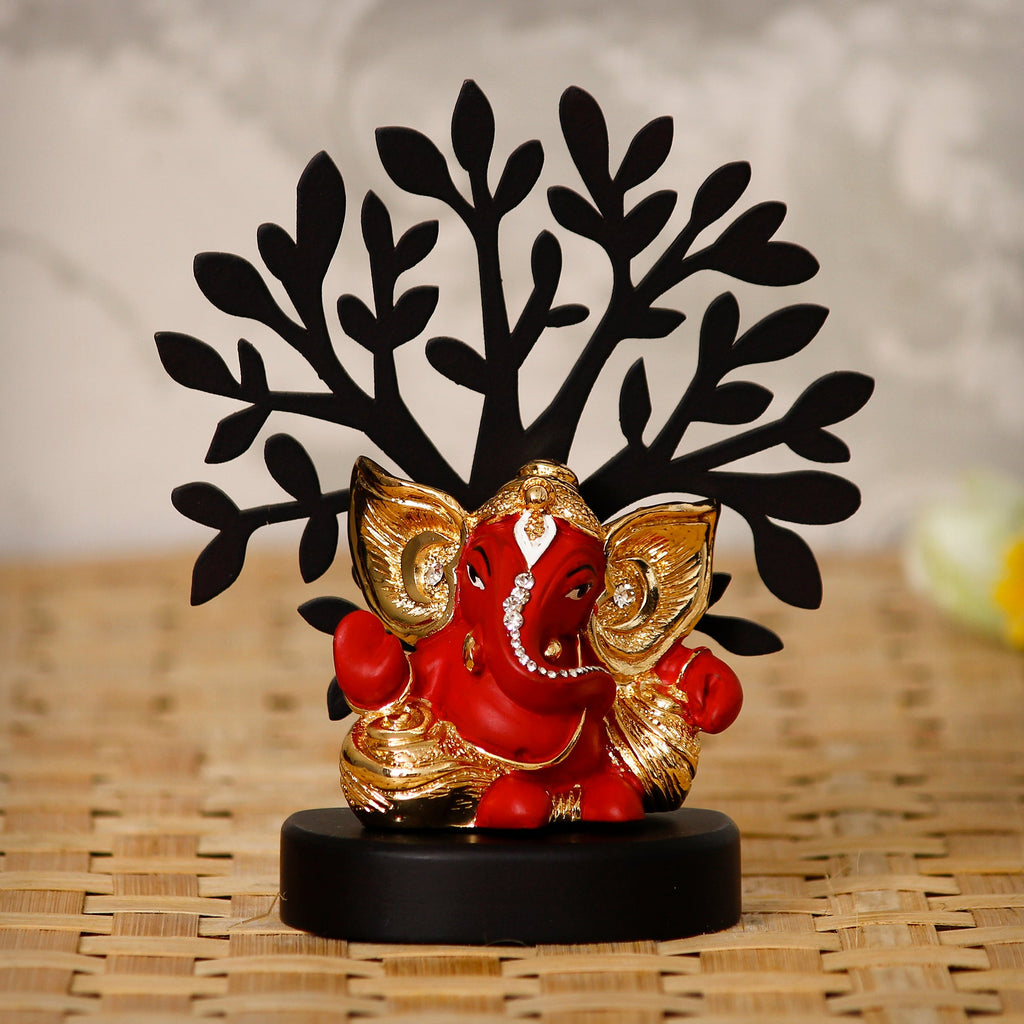 Gold Plated Red Polyresin Ganesha Idol with Wooden Tree for Home, Office and Car Dashboard Kafalo