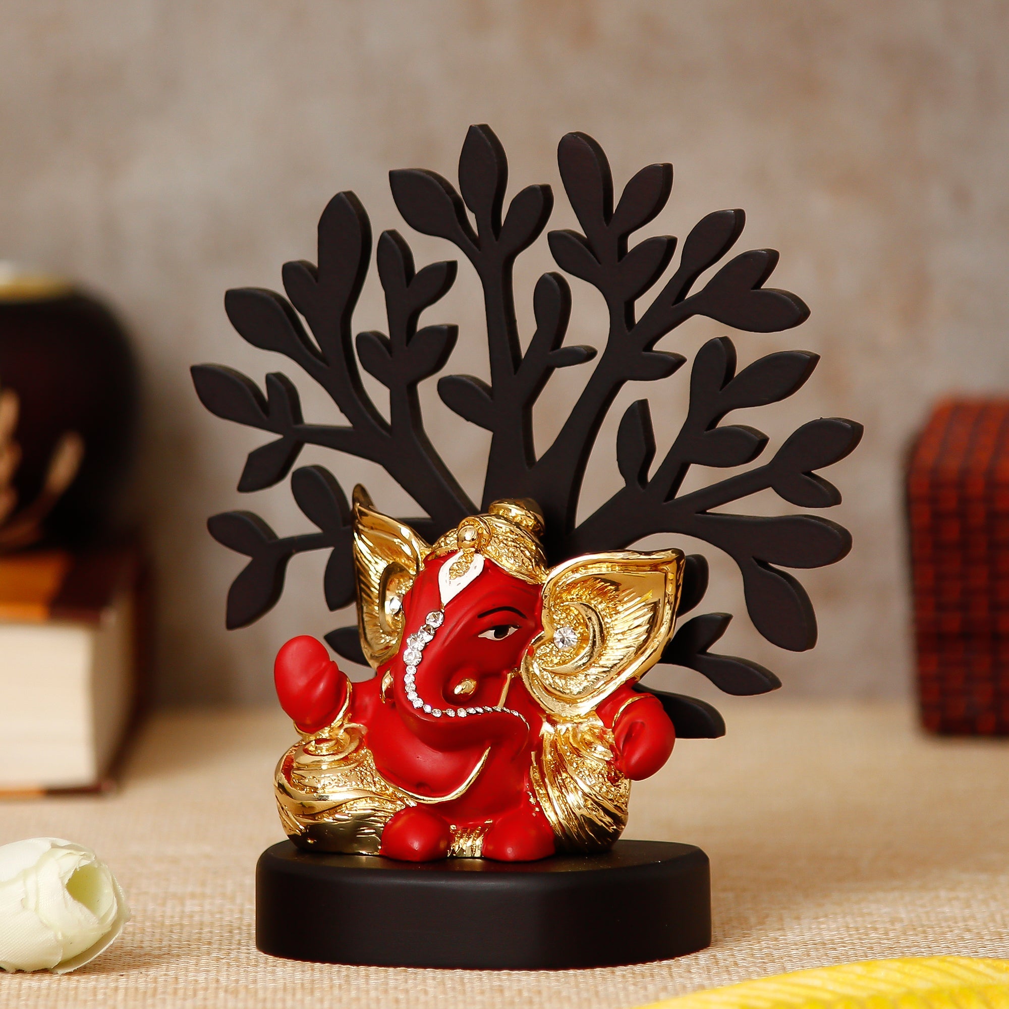 Gold Plated Red Polyresin Ganesha Idol with Wooden Tree for Home, Office and Car Dashboard Kafalo