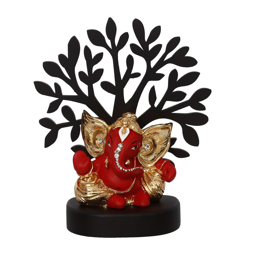 Gold Plated Red Polyresin Ganesha Idol with Wooden Tree for Home, Office and Car Dashboard Kafalo