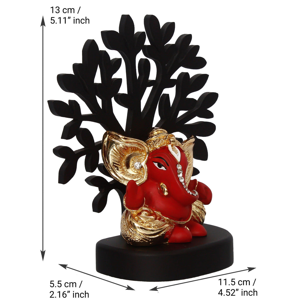 Gold Plated Red Polyresin Ganesha Idol with Wooden Tree for Home, Office and Car Dashboard Kafalo