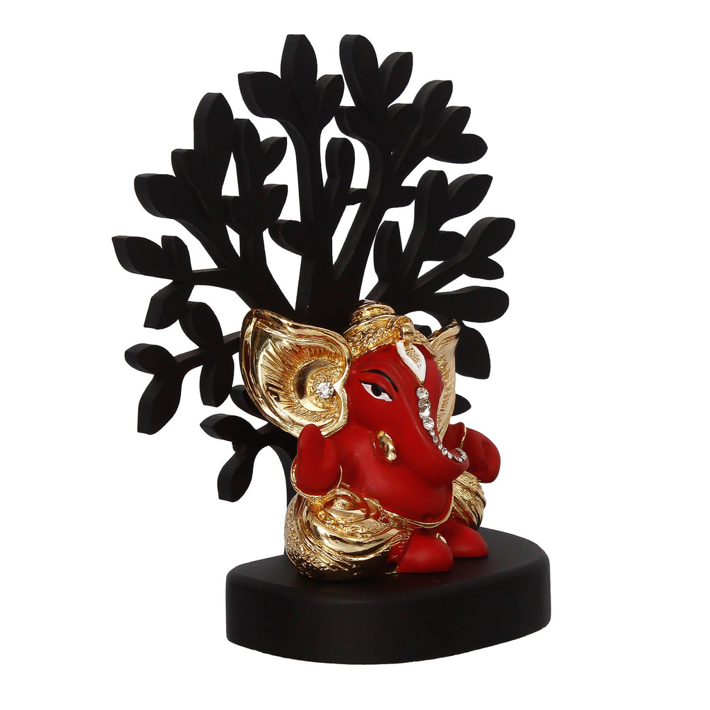 Gold Plated Red Polyresin Ganesha Idol with Wooden Tree for Home, Office and Car Dashboard Kafalo
