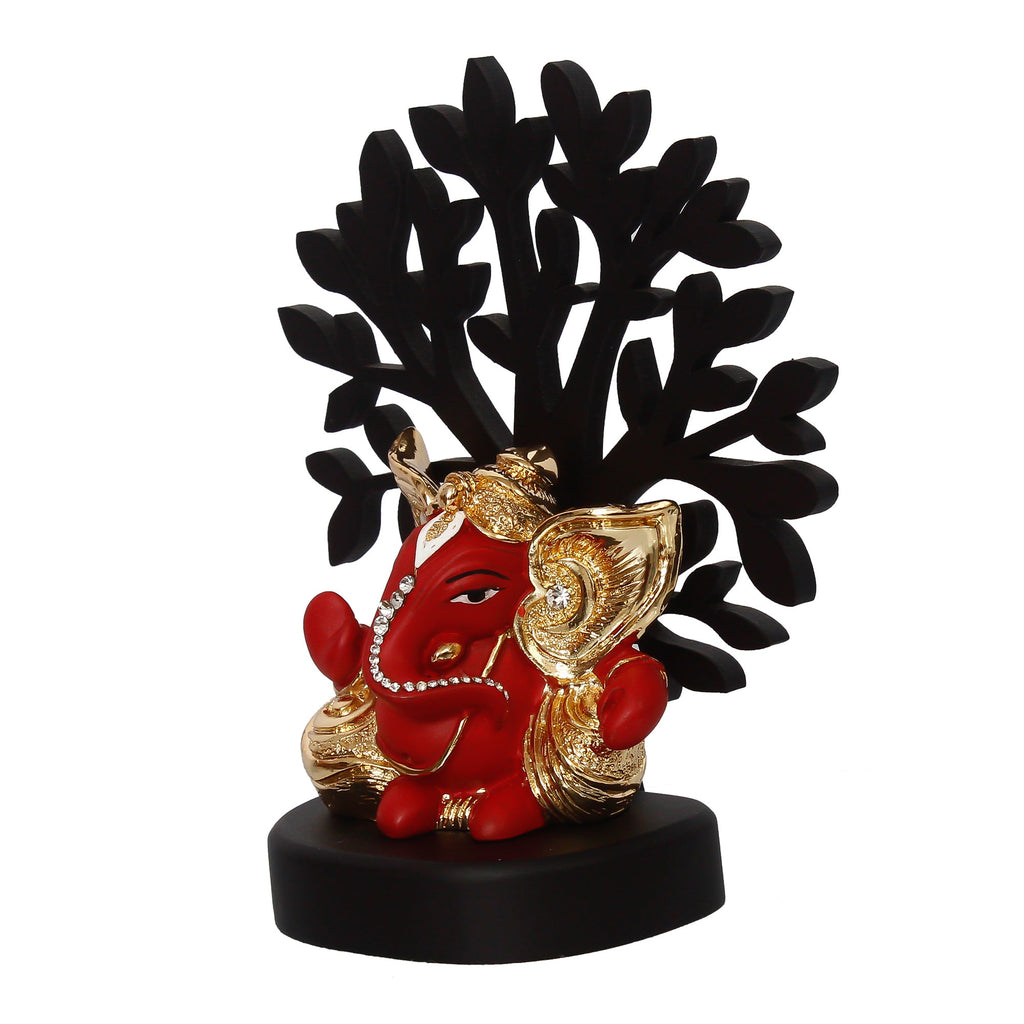 Gold Plated Red Polyresin Ganesha Idol with Wooden Tree for Home, Office and Car Dashboard Kafalo
