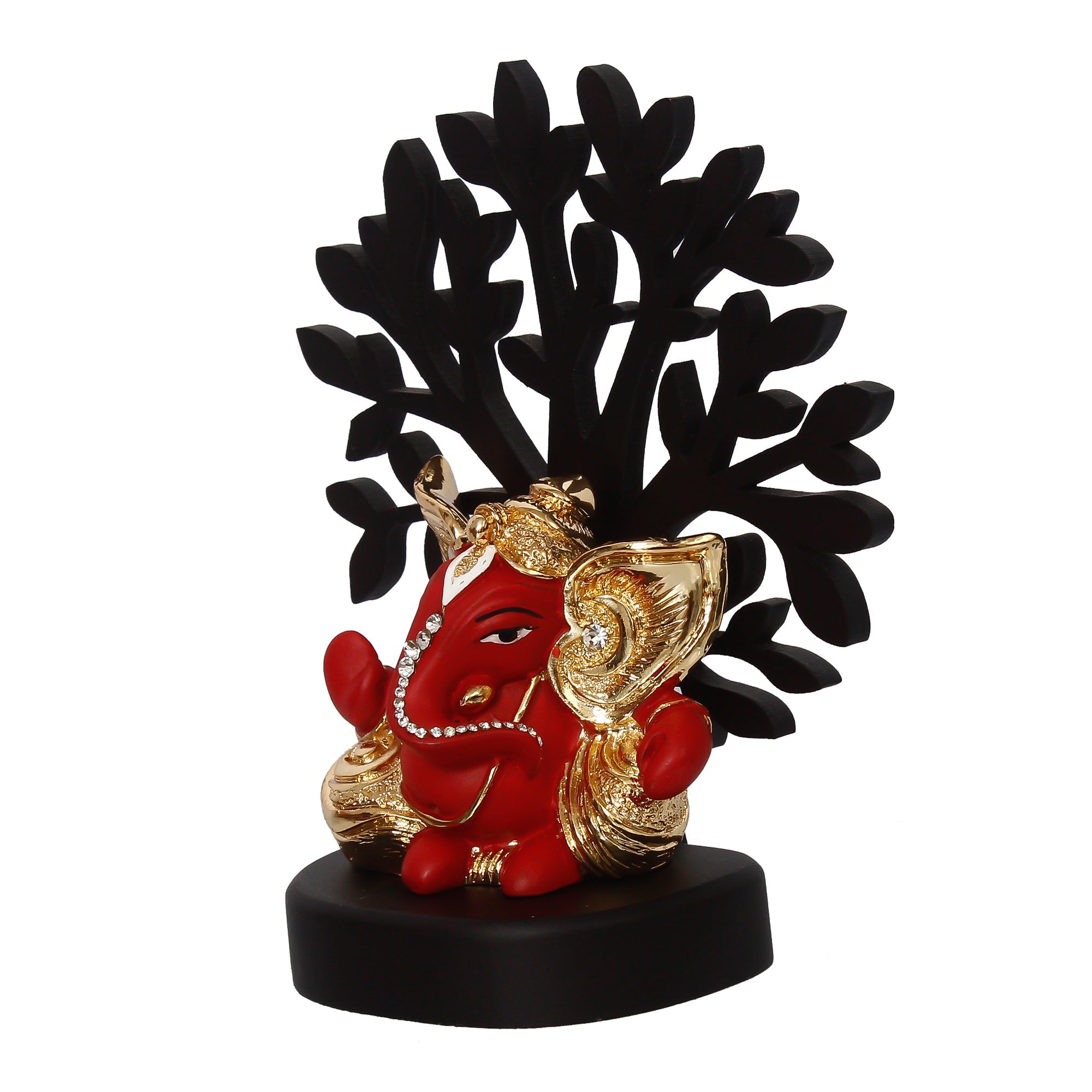 Gold Plated Red Polyresin Ganesha Idol with Wooden Tree for Home, Office and Car Dashboard Kafalo