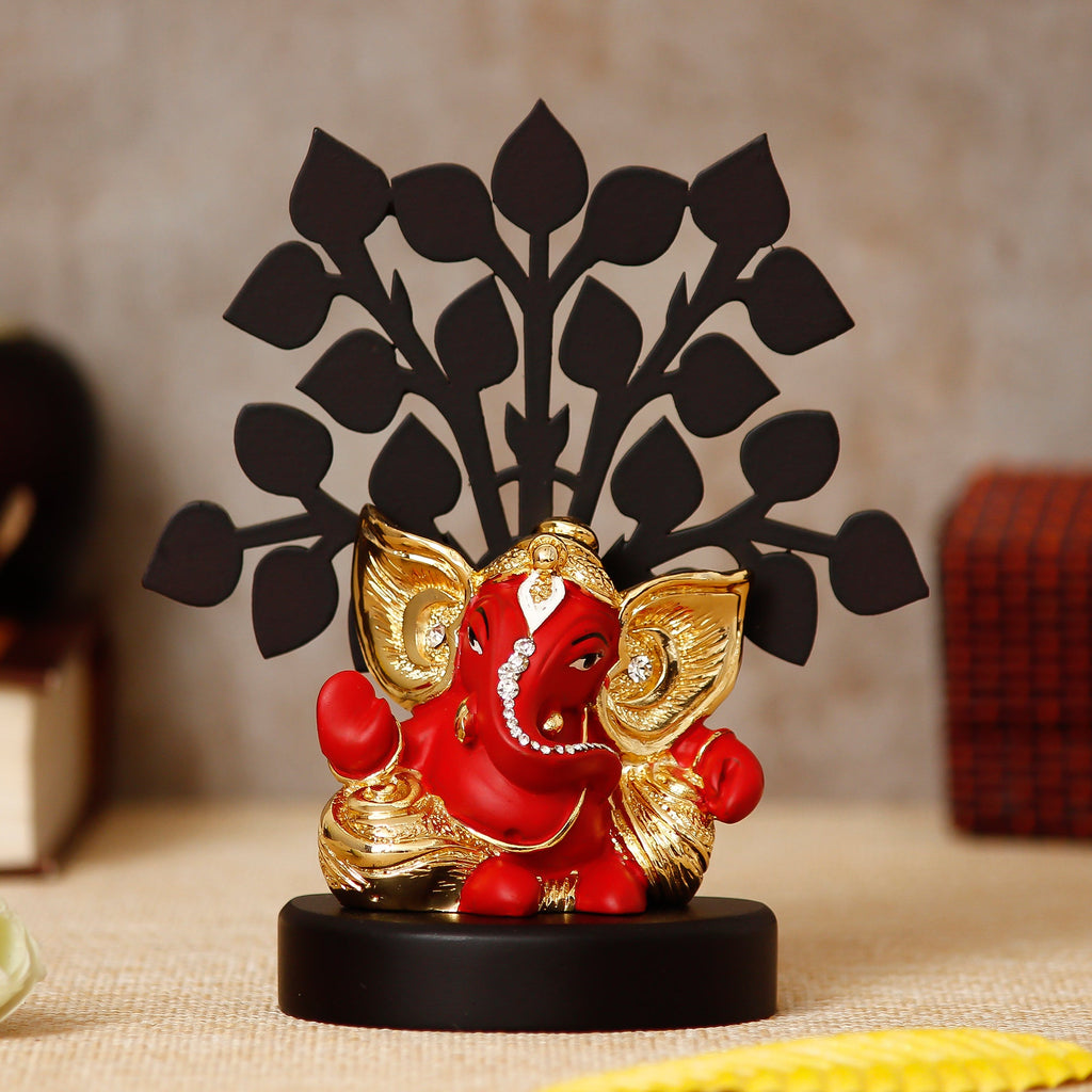 Gold Plated Red Polyresin Ganesha Statue with Wooden Tree for Home, Temple, Office and Car Dashboard Kafalo