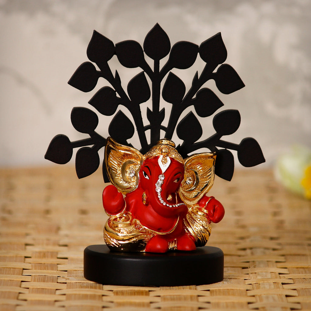 Gold Plated Red Polyresin Ganesha Statue with Wooden Tree for Home, Temple, Office and Car Dashboard Kafalo