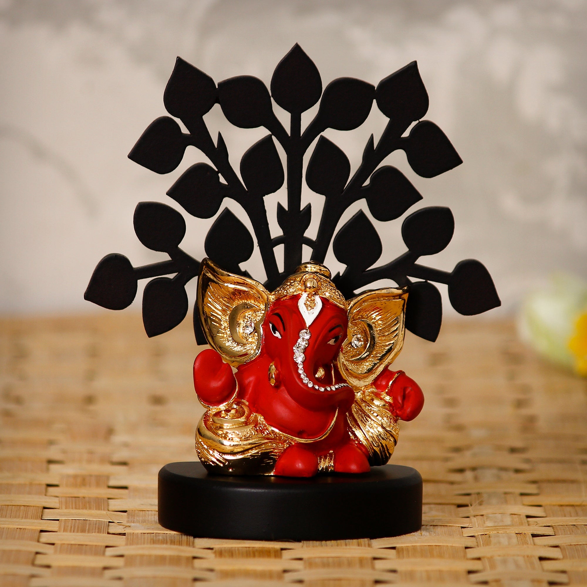 Gold Plated Red Polyresin Ganesha Statue with Wooden Tree for Home, Temple, Office and Car Dashboard Kafalo