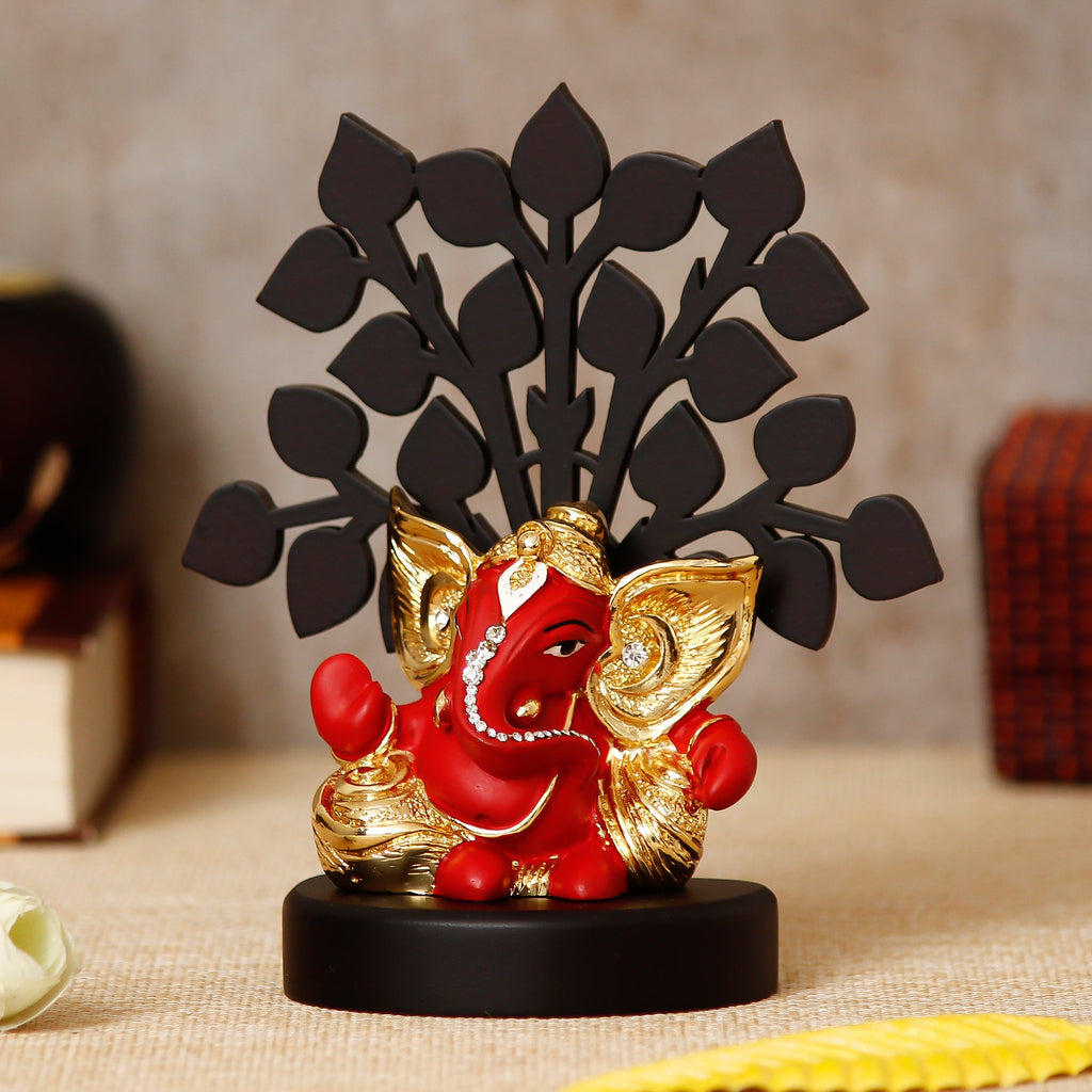 Gold Plated Red Polyresin Ganesha Statue with Wooden Tree for Home, Temple, Office and Car Dashboard Kafalo