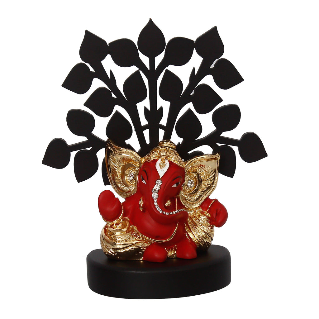 Gold Plated Red Polyresin Ganesha Statue with Wooden Tree for Home, Temple, Office and Car Dashboard Kafalo