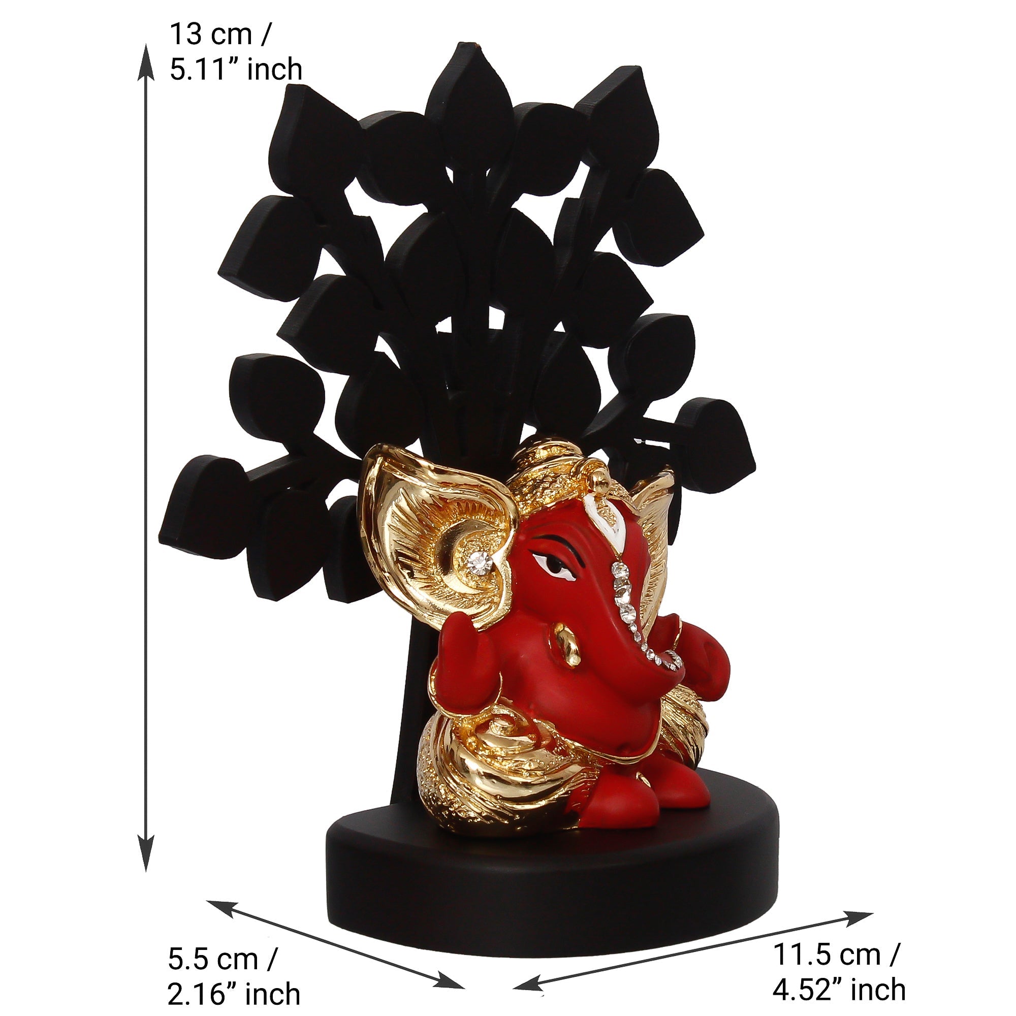 Gold Plated Red Polyresin Ganesha Statue with Wooden Tree for Home, Temple, Office and Car Dashboard Kafalo