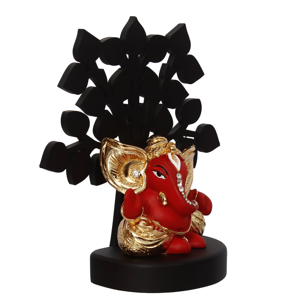 Gold Plated Red Polyresin Ganesha Statue with Wooden Tree for Home, Temple, Office and Car Dashboard Kafalo