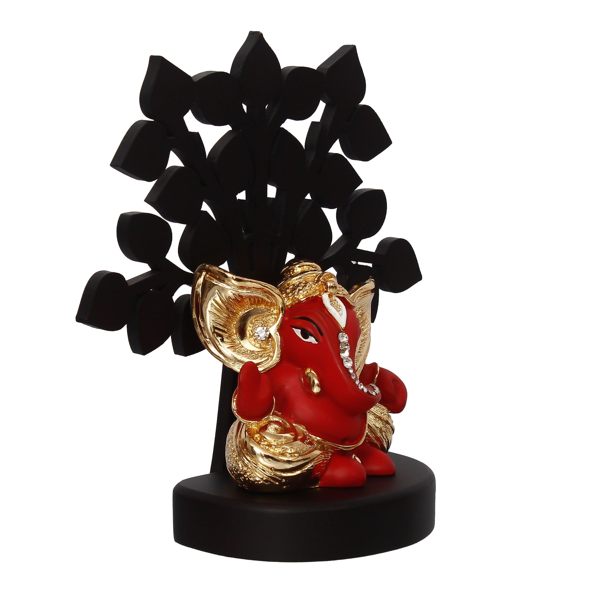 Gold Plated Red Polyresin Ganesha Statue with Wooden Tree for Home, Temple, Office and Car Dashboard Kafalo