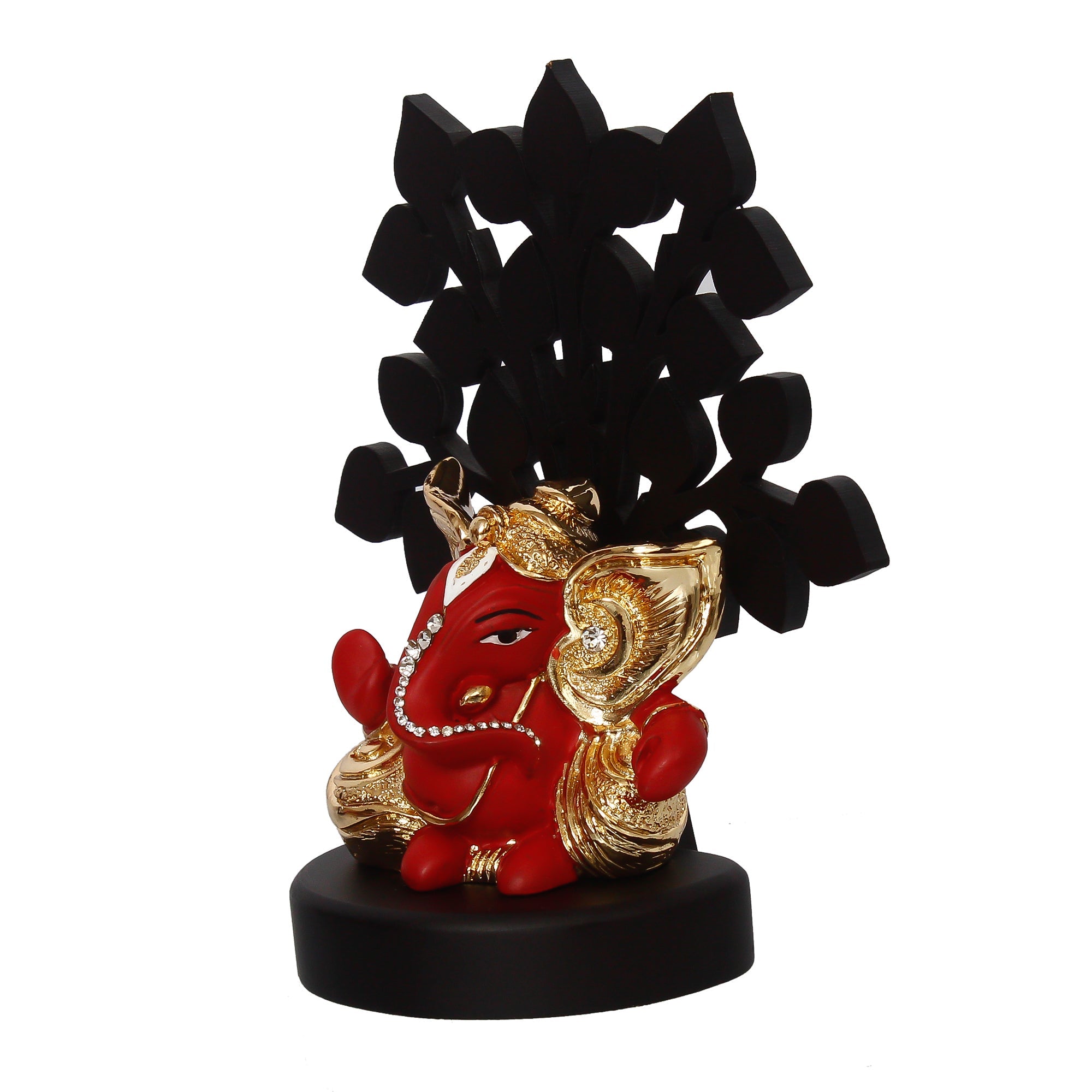 Gold Plated Red Polyresin Ganesha Statue with Wooden Tree for Home, Temple, Office and Car Dashboard Kafalo