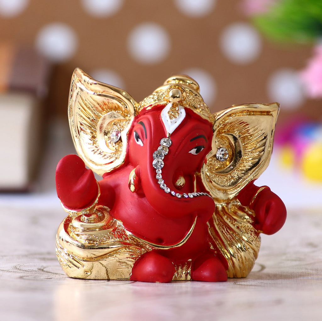 Gold Plated and Red Polyresin Lord Ganesha Idol for Home, Temple, Office and Car Dashboard Kafalo