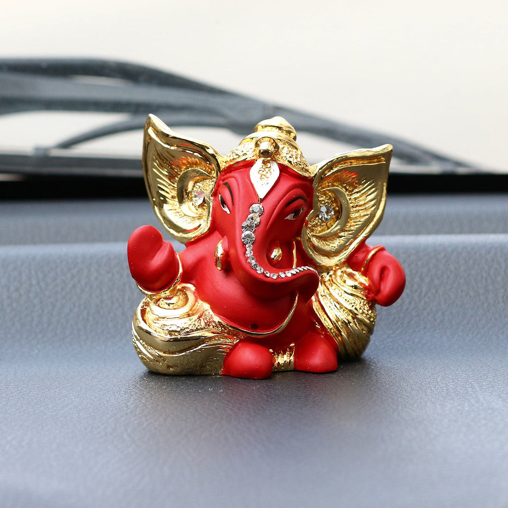 Gold Plated and Red Polyresin Lord Ganesha Idol for Home, Temple, Office and Car Dashboard Kafalo