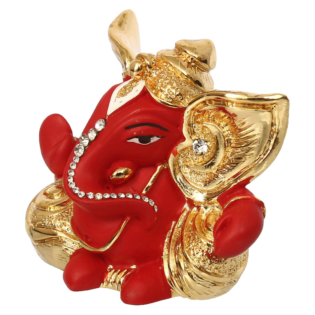 Gold Plated and Red Polyresin Lord Ganesha Idol for Home, Temple, Office and Car Dashboard Kafalo