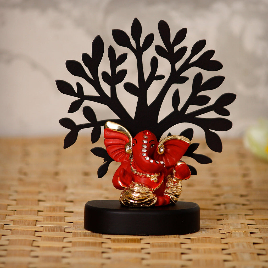 Gold Plated Orange Polyresin Ganesha Idol with Wooden Tree for Home, Temple, Office and Car Dashboard Kafalo
