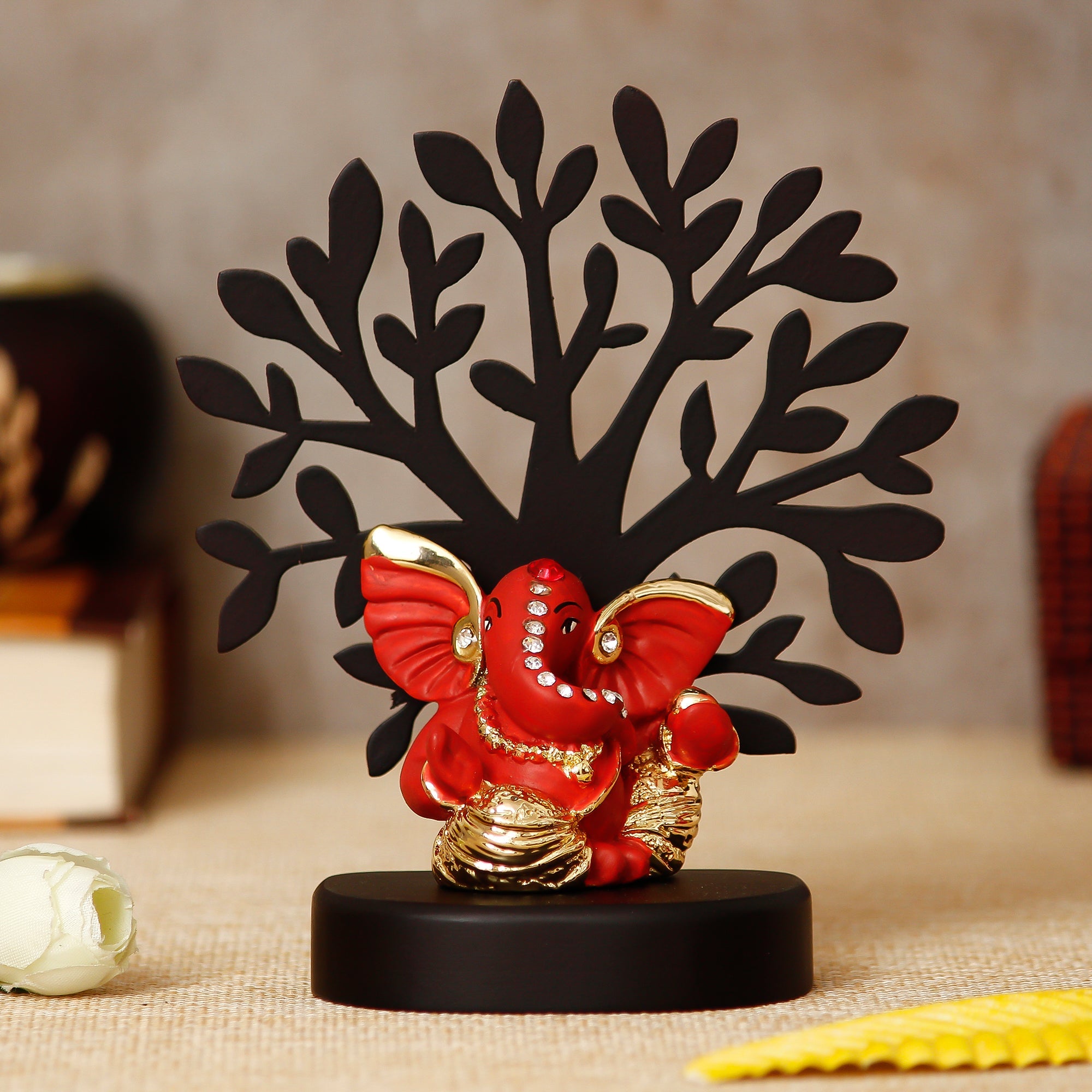 Gold Plated Orange Polyresin Ganesha Idol with Wooden Tree for Home, Temple, Office and Car Dashboard Kafalo
