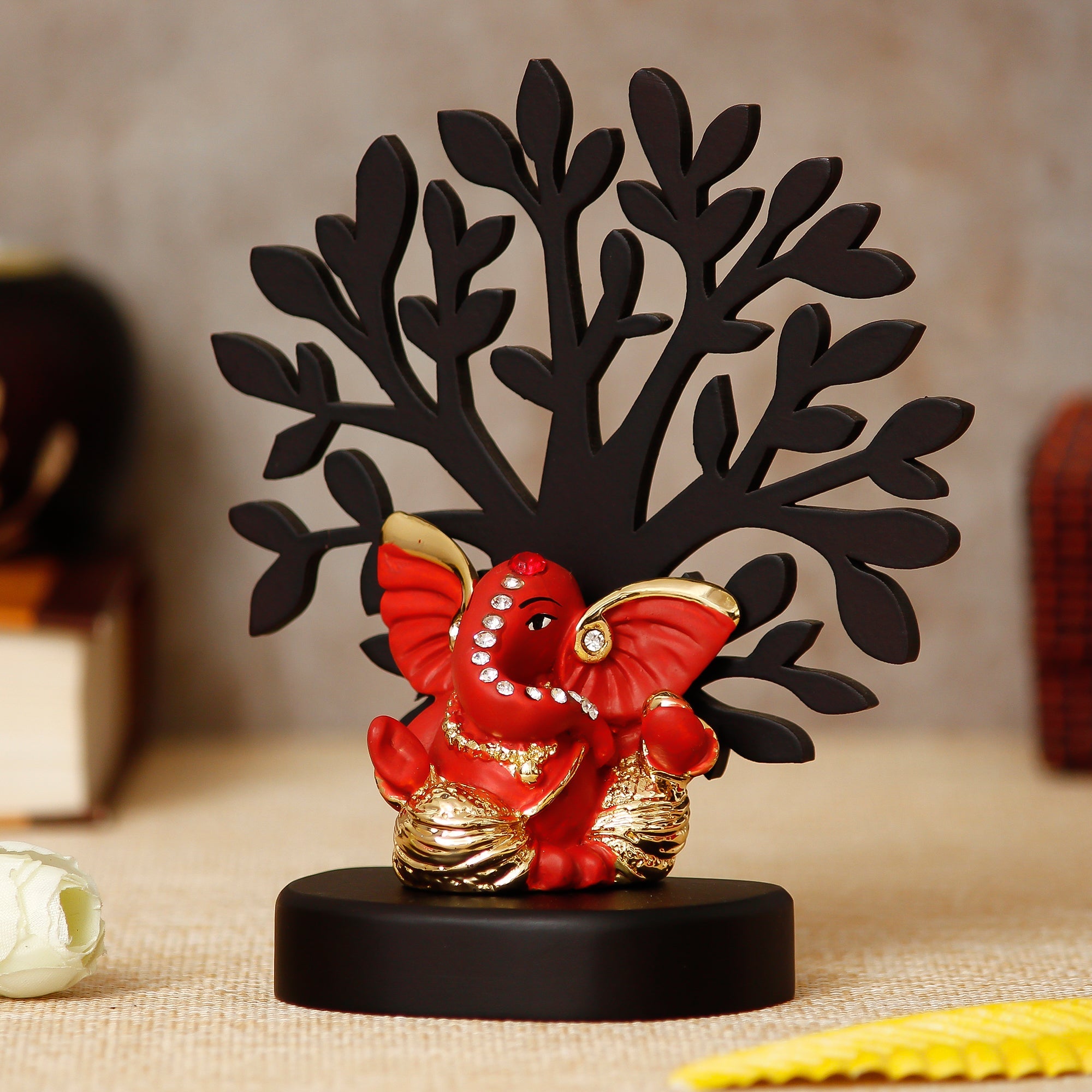 Gold Plated Orange Polyresin Ganesha Idol with Wooden Tree for Home, Temple, Office and Car Dashboard Kafalo
