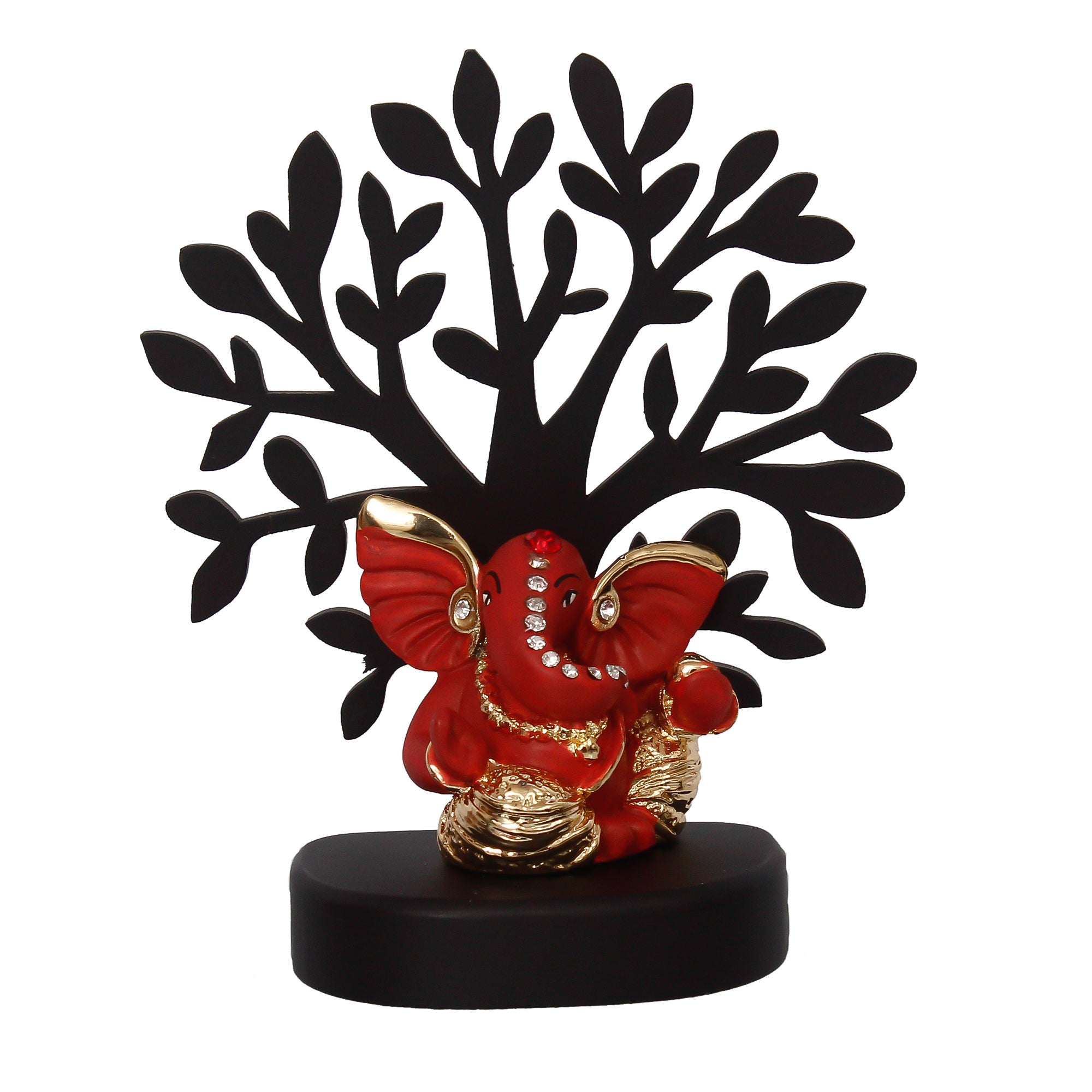 Gold Plated Orange Polyresin Ganesha Idol with Wooden Tree for Home, Temple, Office and Car Dashboard Kafalo