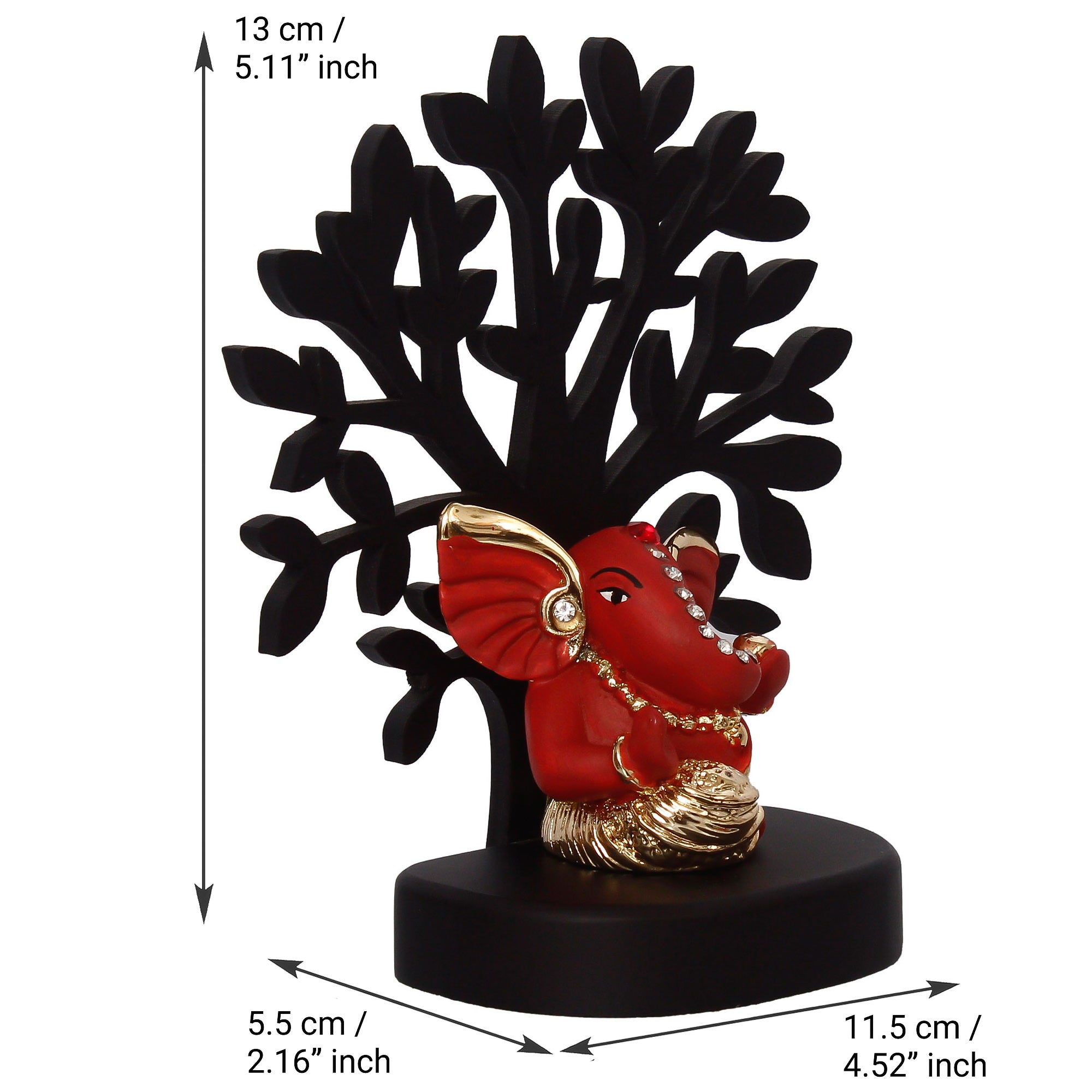 Gold Plated Orange Polyresin Ganesha Idol with Wooden Tree for Home, Temple, Office and Car Dashboard Kafalo