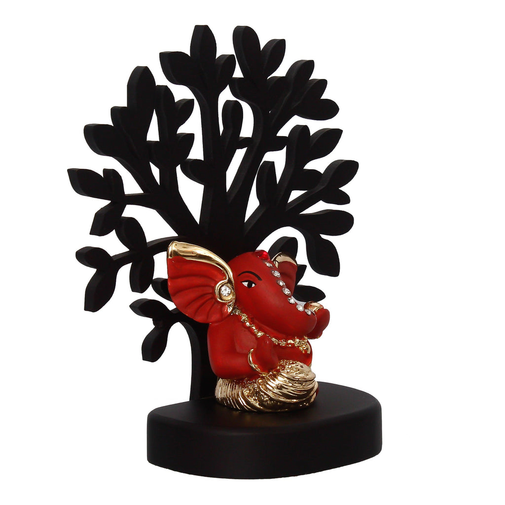 Gold Plated Orange Polyresin Ganesha Idol with Wooden Tree for Home, Temple, Office and Car Dashboard Kafalo