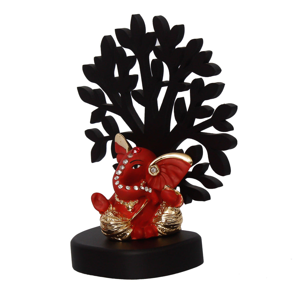 Gold Plated Orange Polyresin Ganesha Idol with Wooden Tree for Home, Temple, Office and Car Dashboard Kafalo