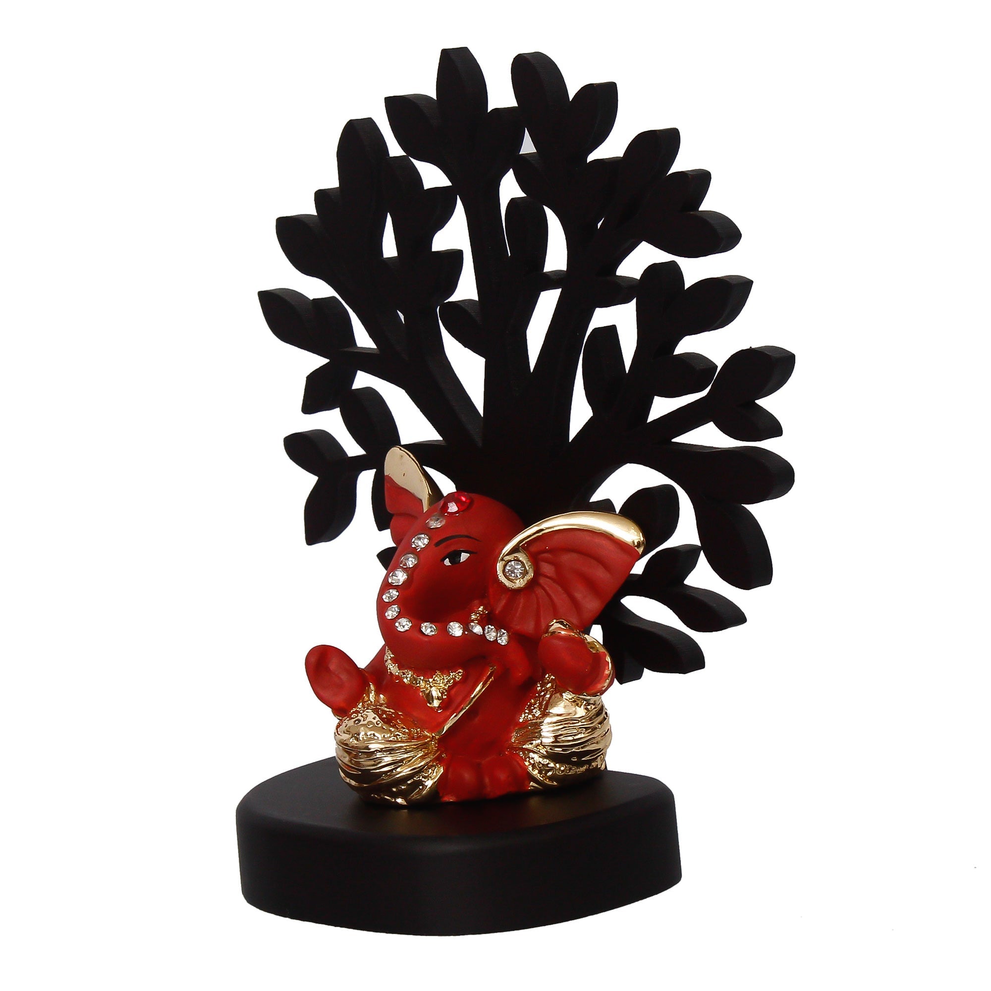 Gold Plated Orange Polyresin Ganesha Idol with Wooden Tree for Home, Temple, Office and Car Dashboard Kafalo