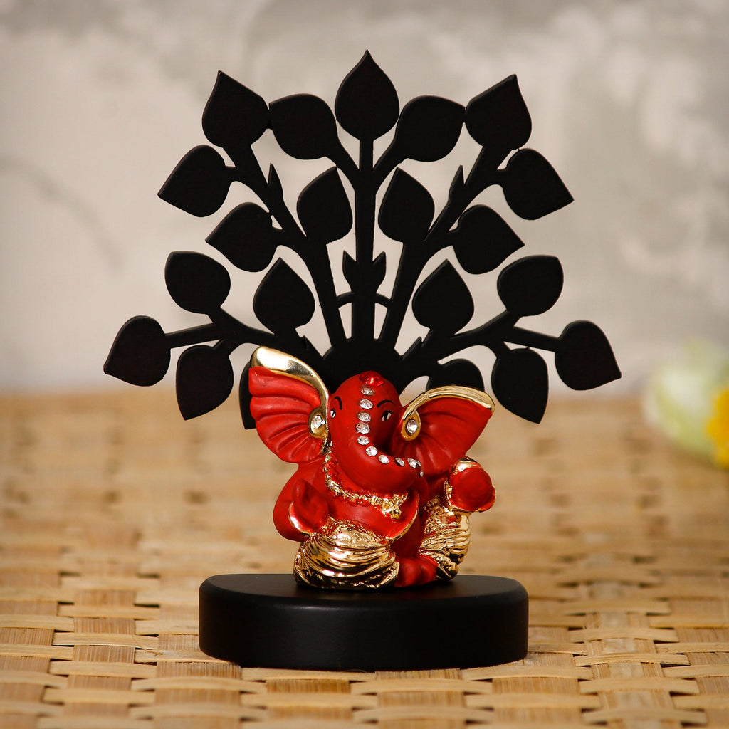 Gold Plated Orange Polyresin Ganesha Idol with Wooden Tree for Home, Temple, Office and Car Dashboard Kafalo