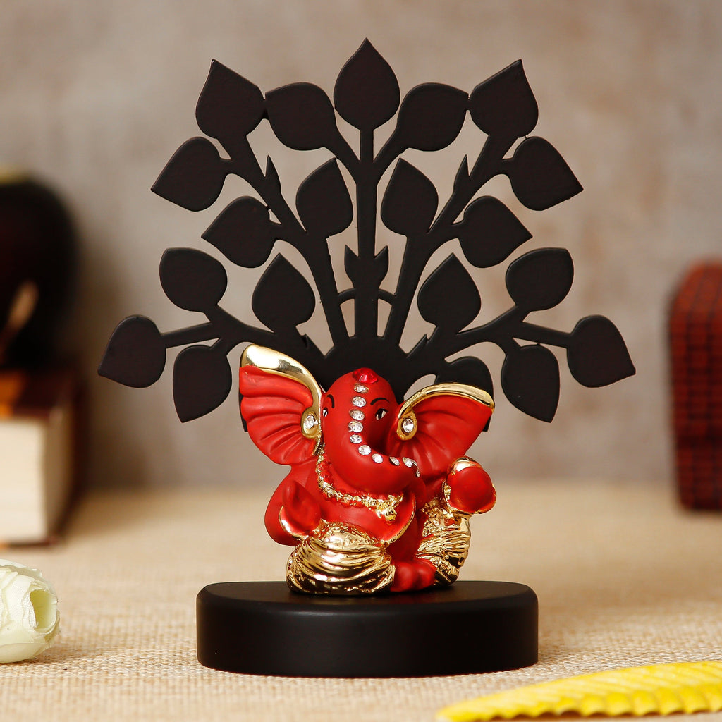 Gold Plated Orange Polyresin Ganesha Idol with Wooden Tree for Home, Temple, Office and Car Dashboard Kafalo