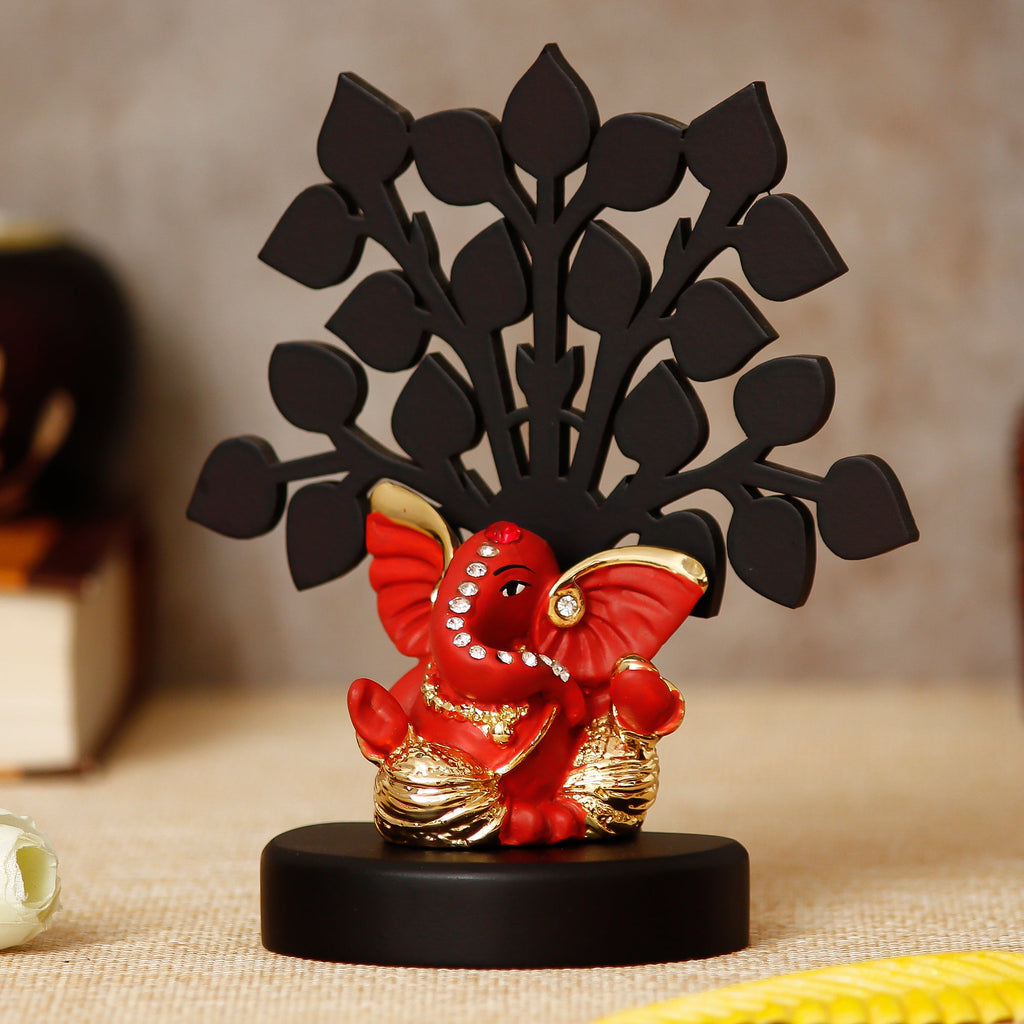 Gold Plated Orange Polyresin Ganesha Idol with Wooden Tree for Home, Temple, Office and Car Dashboard Kafalo