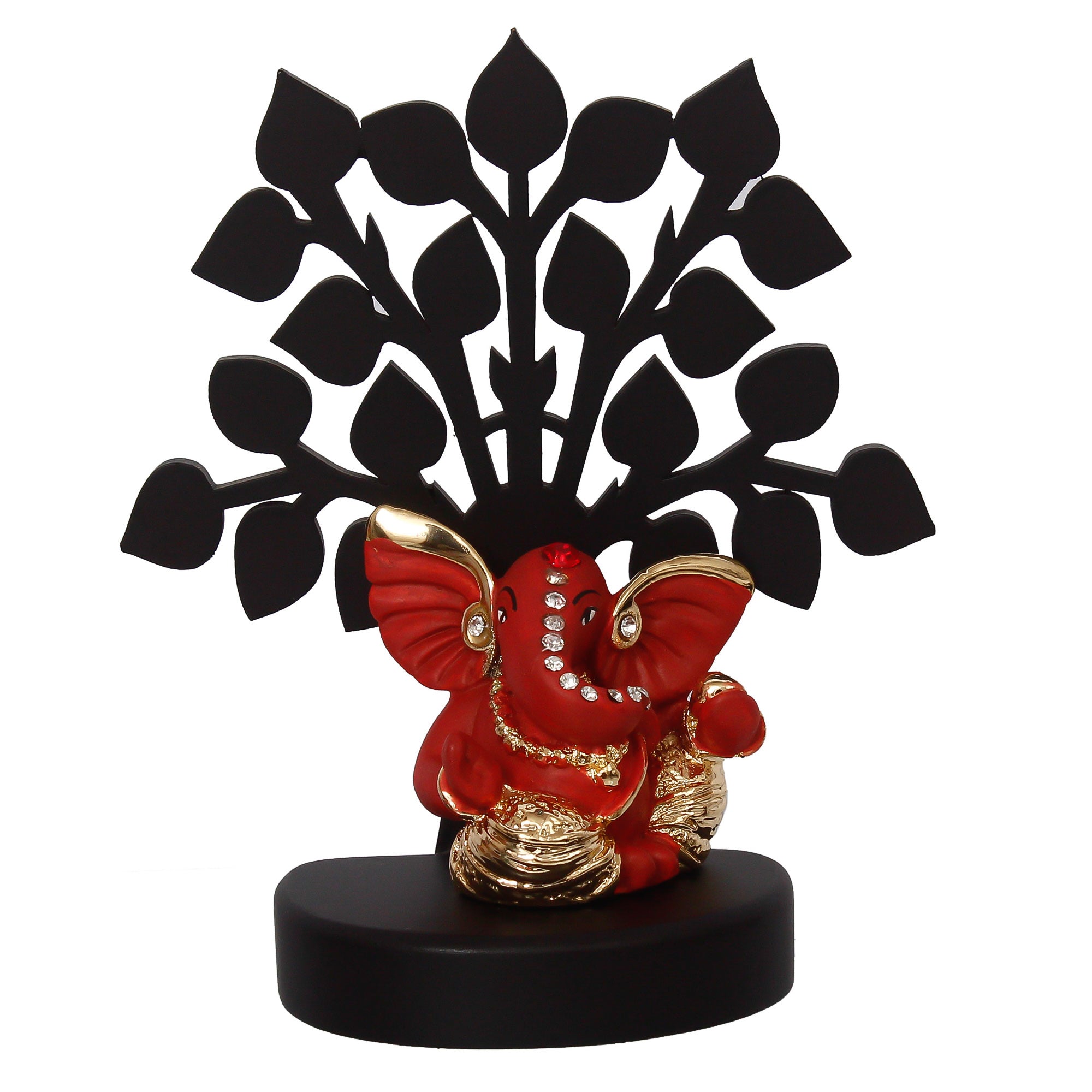 Gold Plated Orange Polyresin Ganesha Idol with Wooden Tree for Home, Temple, Office and Car Dashboard Kafalo
