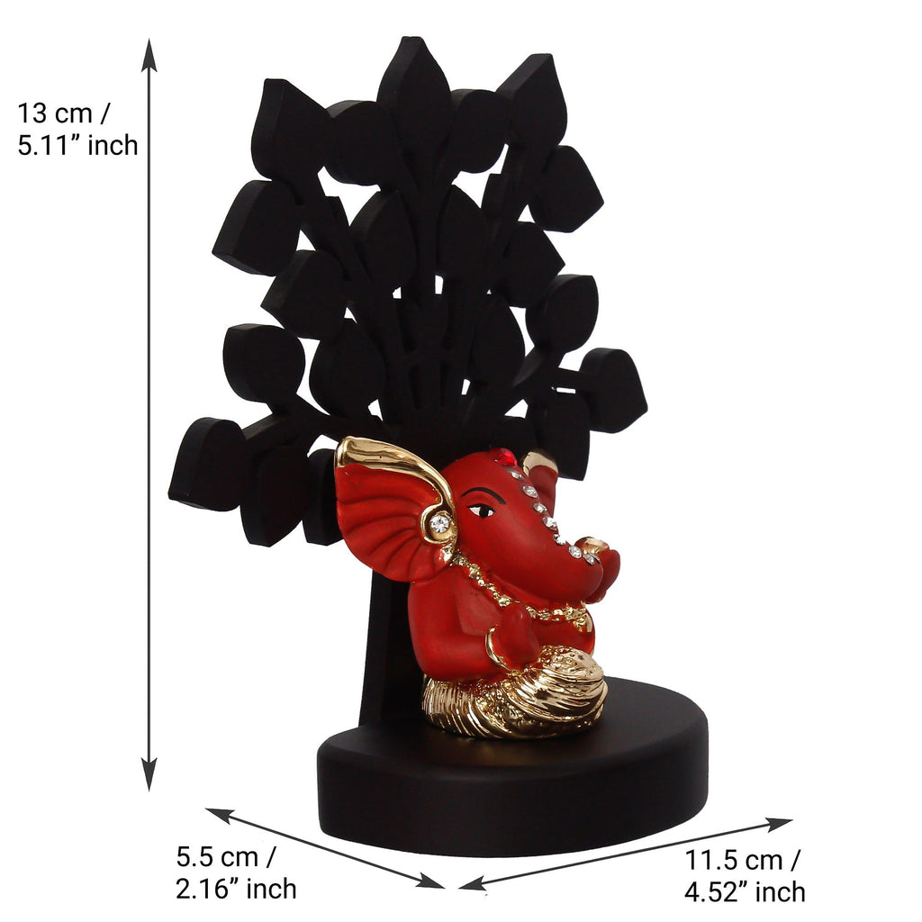 Gold Plated Orange Polyresin Ganesha Idol with Wooden Tree for Home, Temple, Office and Car Dashboard Kafalo