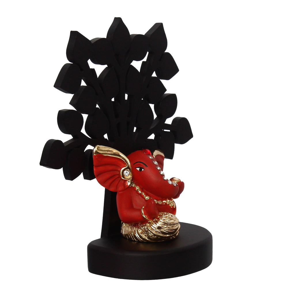 Gold Plated Orange Polyresin Ganesha Idol with Wooden Tree for Home, Temple, Office and Car Dashboard Kafalo