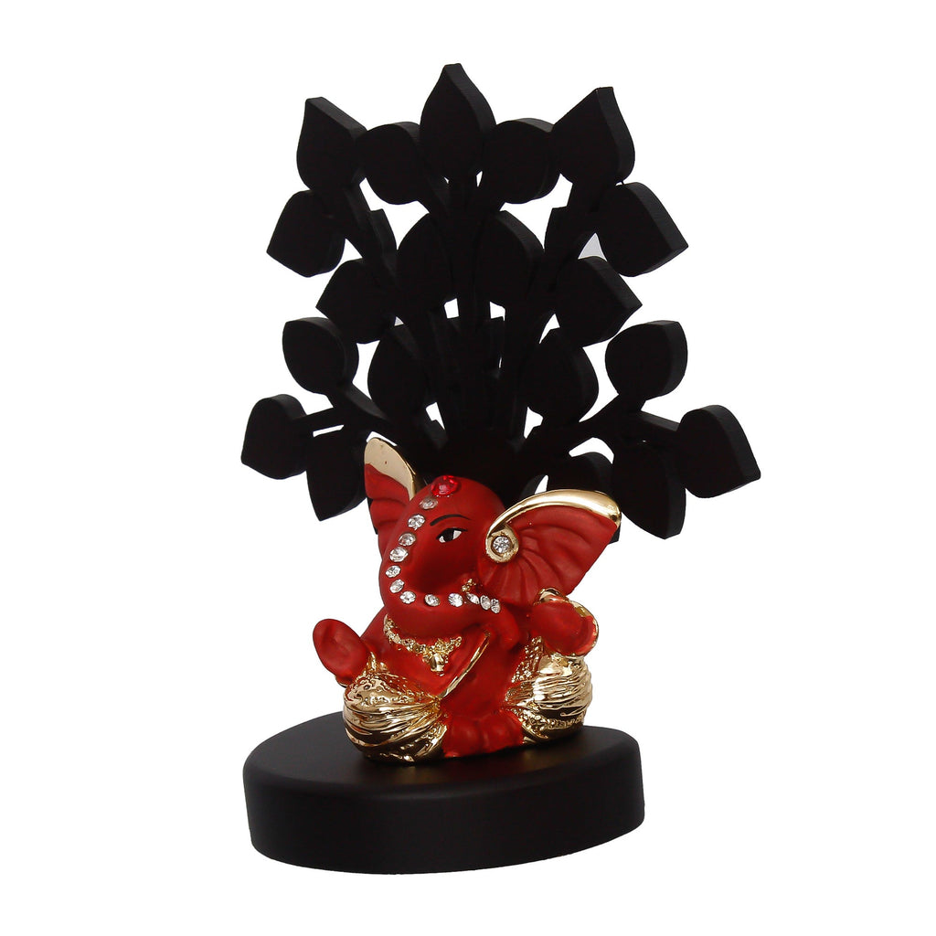 Gold Plated Orange Polyresin Ganesha Idol with Wooden Tree for Home, Temple, Office and Car Dashboard Kafalo
