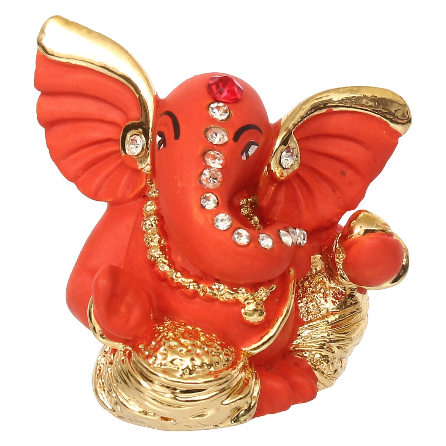 Gold Plated and Orange Polyresin Lord Ganesha Idol for Home, Temple, Office and Car Kafalo