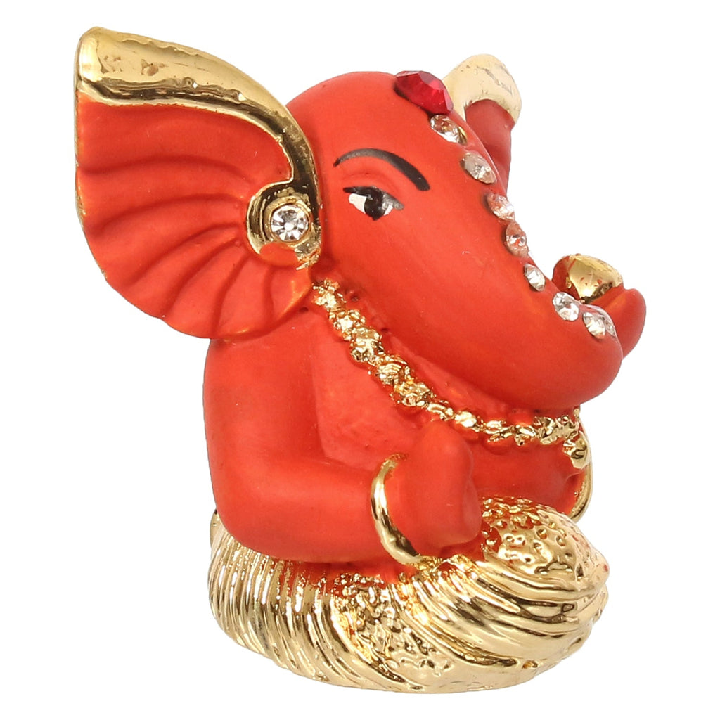 Gold Plated and Orange Polyresin Lord Ganesha Idol for Home, Temple, Office and Car Kafalo