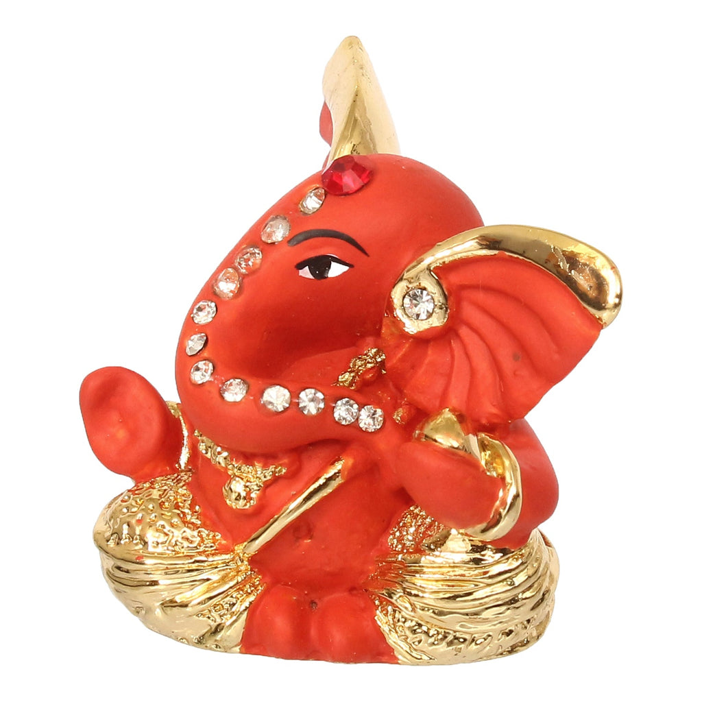 Gold Plated and Orange Polyresin Lord Ganesha Idol for Home, Temple, Office and Car Kafalo