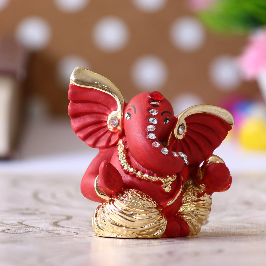 Gold Plated and Red Polyresin Lord Ganesha Statue for Home, Temple, Office and Car Dashboard Kafalo