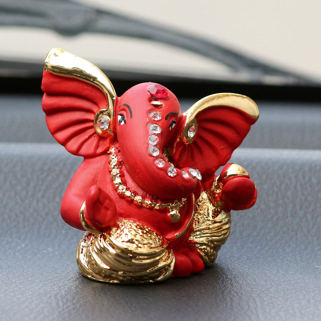 Gold Plated and Red Polyresin Lord Ganesha Statue for Home, Temple, Office and Car Dashboard Kafalo