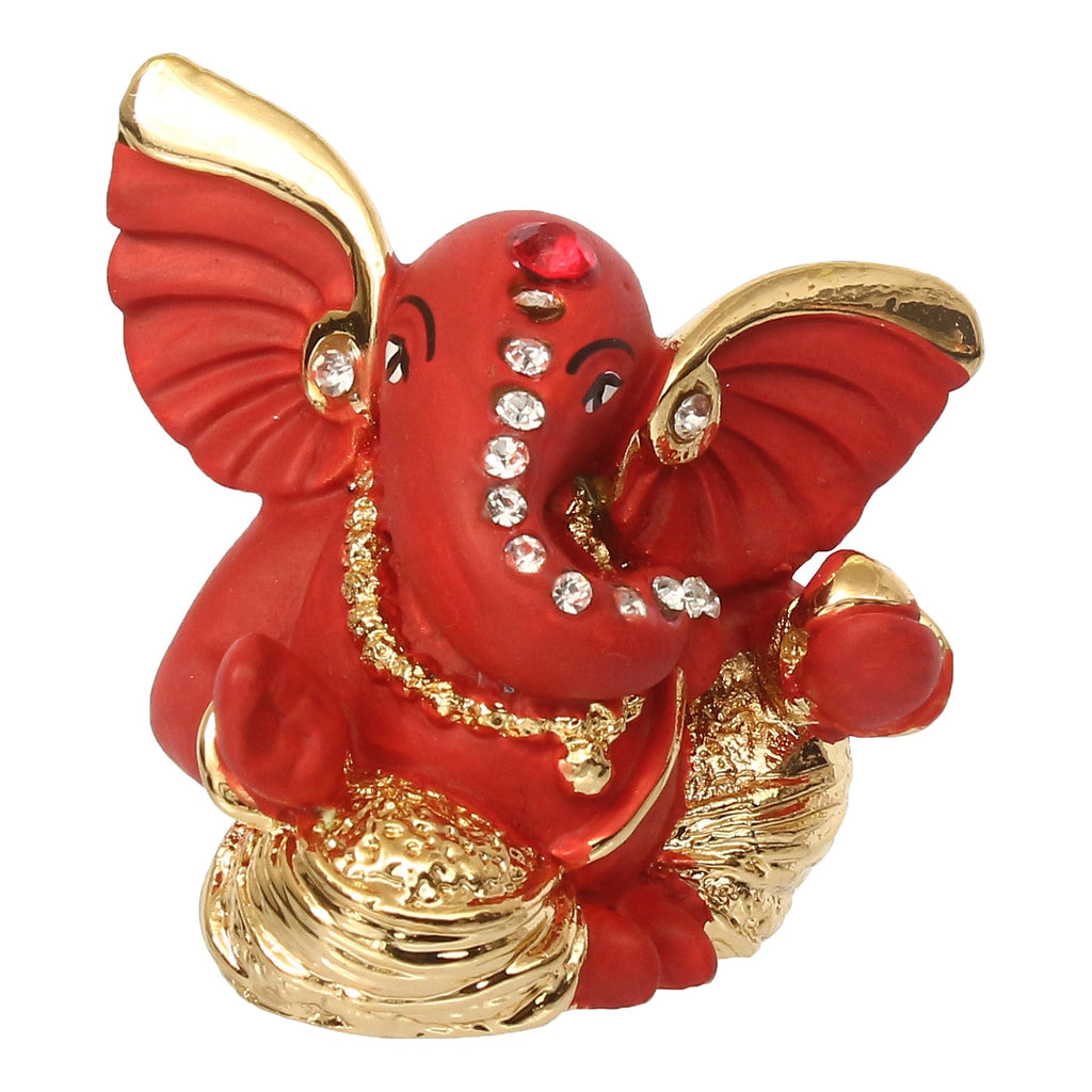 Gold Plated and Red Polyresin Lord Ganesha Statue for Home, Temple, Office and Car Dashboard Kafalo