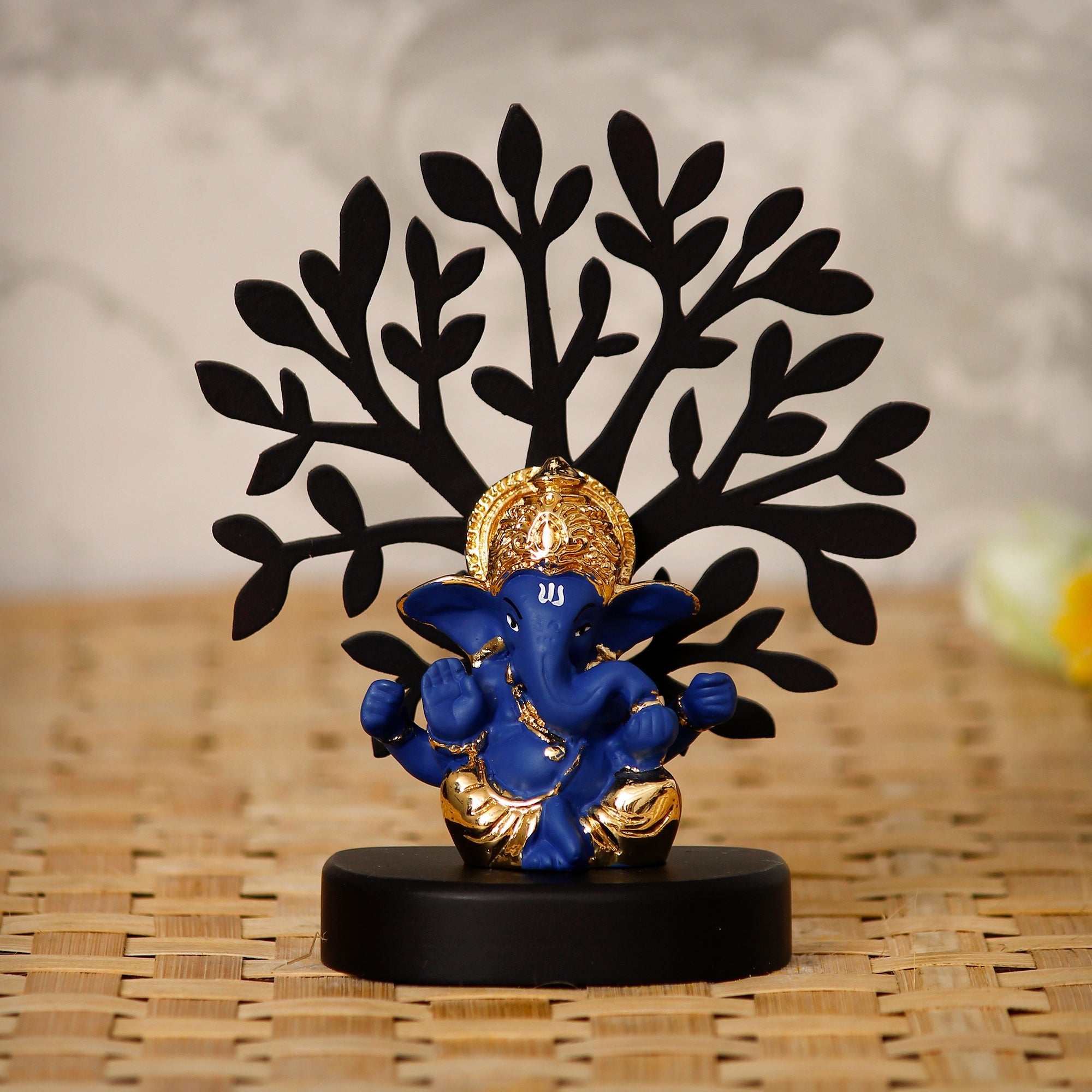 Gold Plated Blue Polyresin Ganesha Murti with Wooden Tree for Home, Temple, Office and Car Dashboard Kafalo