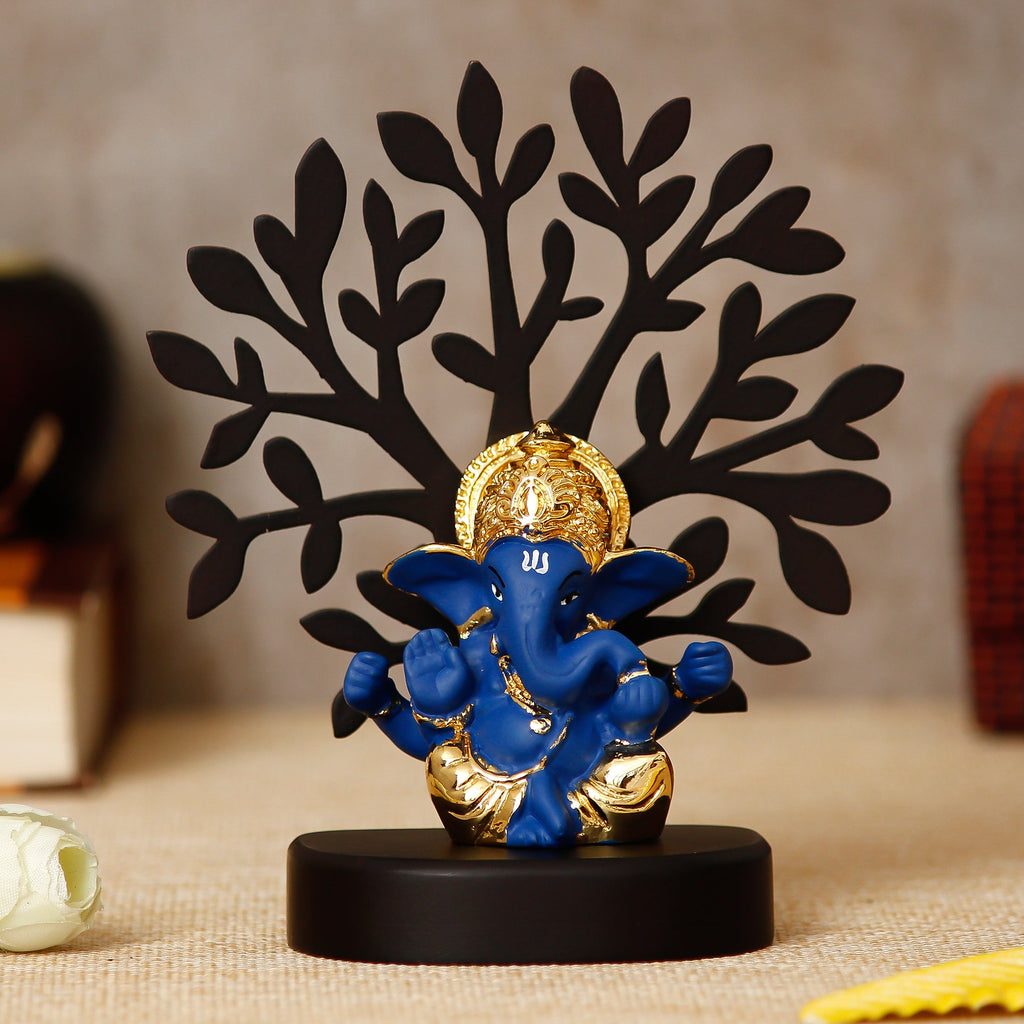 Gold Plated Blue Polyresin Ganesha Murti with Wooden Tree for Home, Temple, Office and Car Dashboard Kafalo