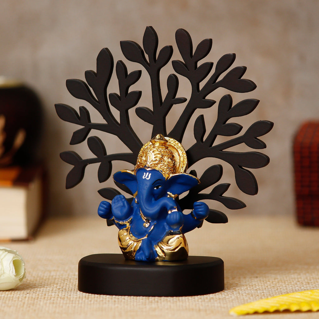 Gold Plated Blue Polyresin Ganesha Murti with Wooden Tree for Home, Temple, Office and Car Dashboard Kafalo