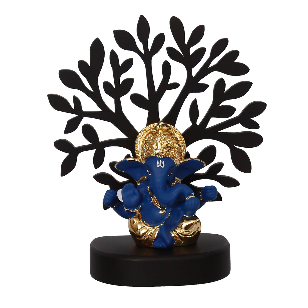 Gold Plated Blue Polyresin Ganesha Murti with Wooden Tree for Home, Temple, Office and Car Dashboard Kafalo