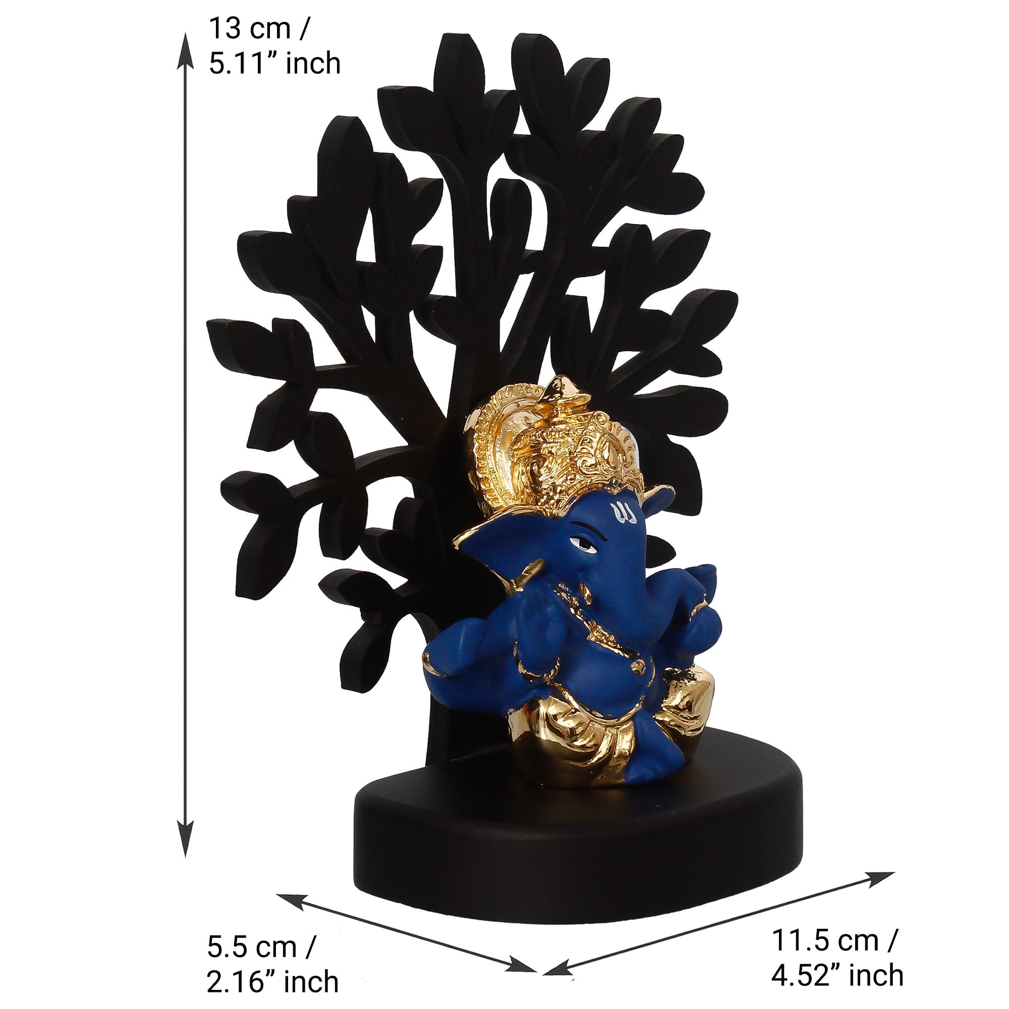 Gold Plated Blue Polyresin Ganesha Murti with Wooden Tree for Home, Temple, Office and Car Dashboard Kafalo