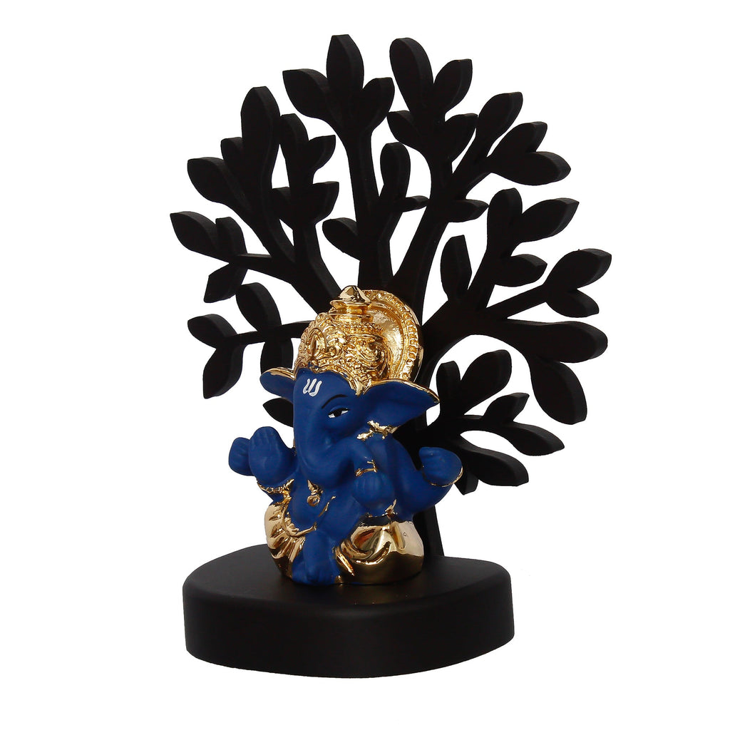 Gold Plated Blue Polyresin Ganesha Murti with Wooden Tree for Home, Temple, Office and Car Dashboard Kafalo