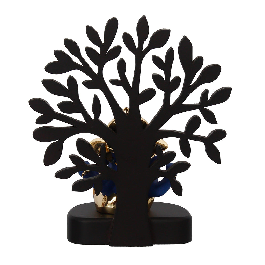 Gold Plated Blue Polyresin Ganesha Murti with Wooden Tree for Home, Temple, Office and Car Dashboard Kafalo