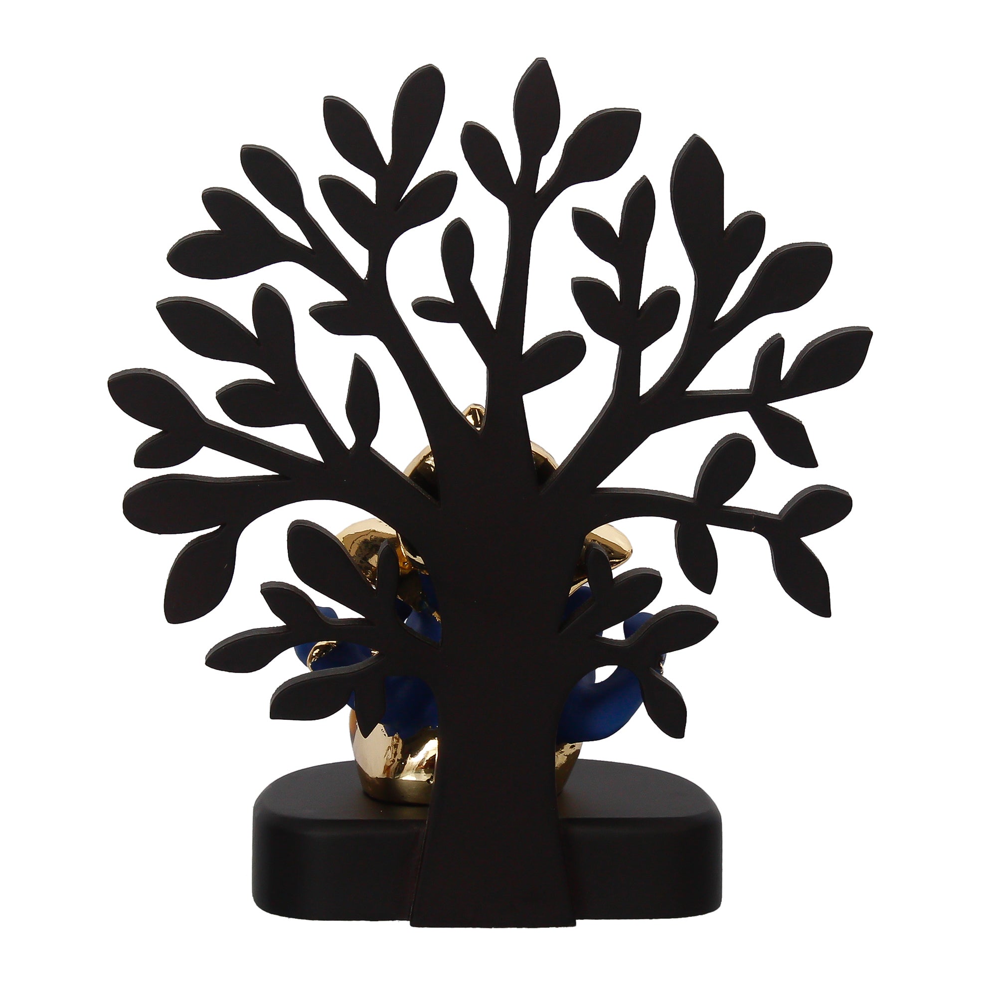 Gold Plated Blue Polyresin Ganesha Murti with Wooden Tree for Home, Temple, Office and Car Dashboard Kafalo