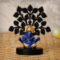 Gold Plated Blue Polyresin Ganesha Idol with Wooden Tree for Home, Temple, Office and Car Dashboard Kafalo