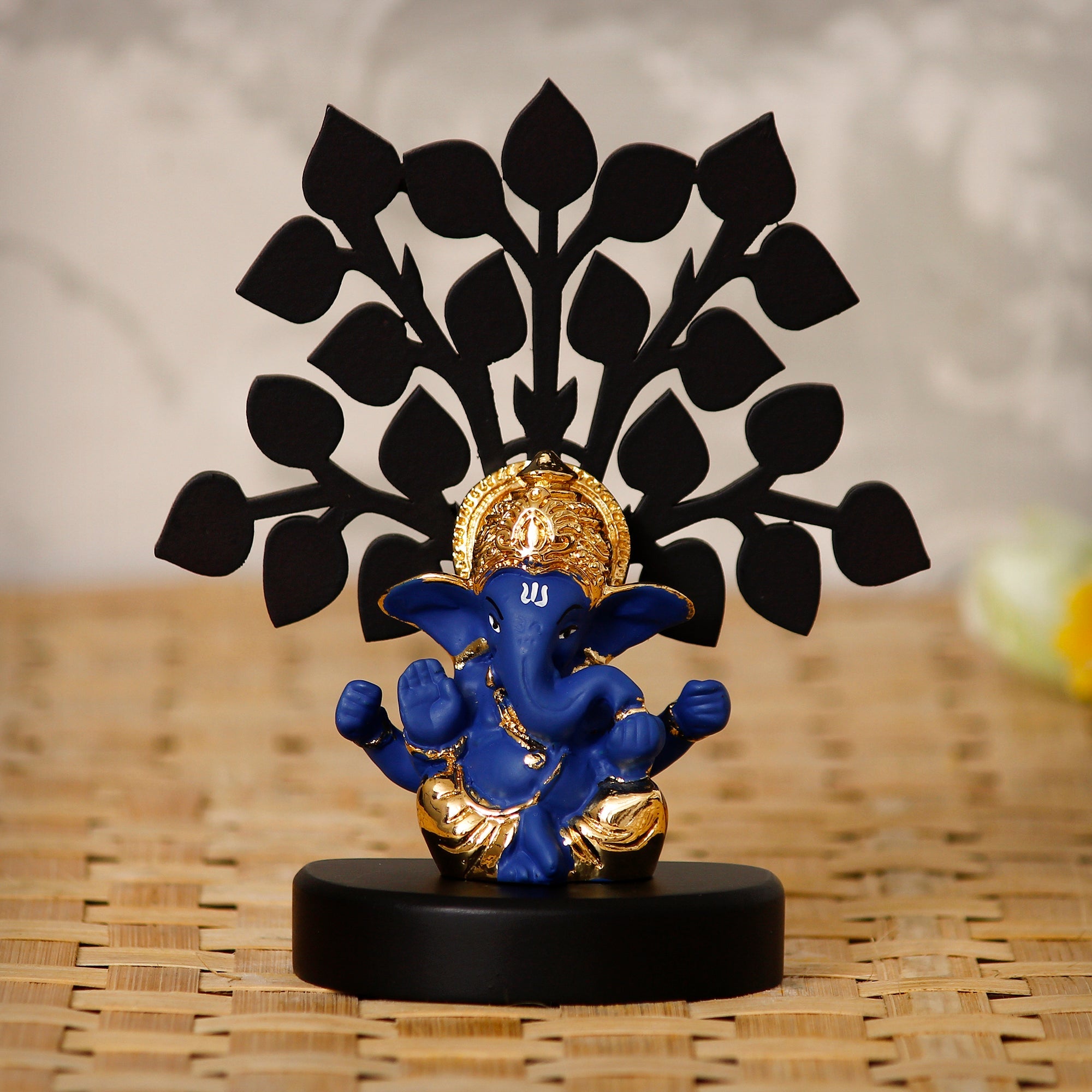 Gold Plated Blue Polyresin Ganesha Idol with Wooden Tree for Home, Temple, Office and Car Dashboard Kafalo